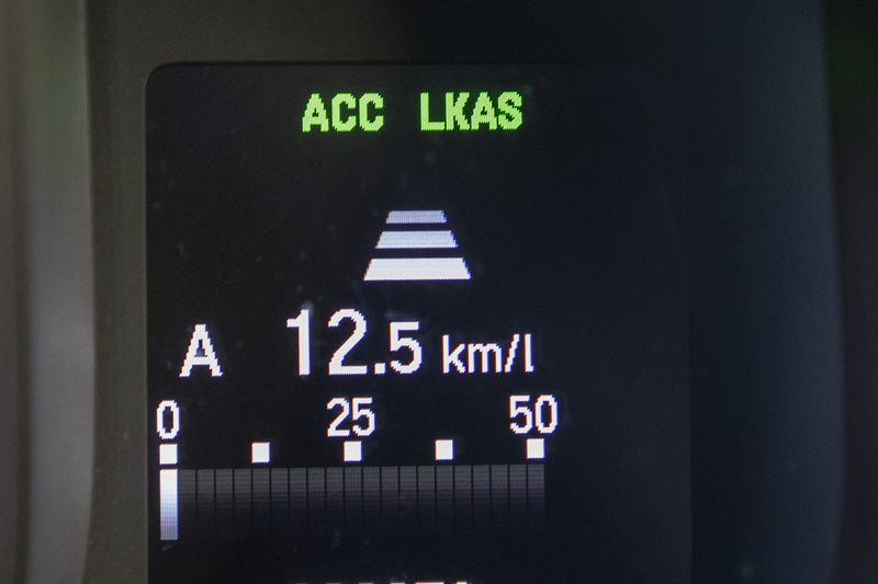 車間設定の操作も右側のスイッチで行なう。調整幅は4段階だ。道が空いているときは前走車との距離が約50～60mくらいある「長」の位置で使い、交通量が増えてきて左レーンのペースが落ちてきたときは車間が約30～40mになる「中」に切り替えて使っている