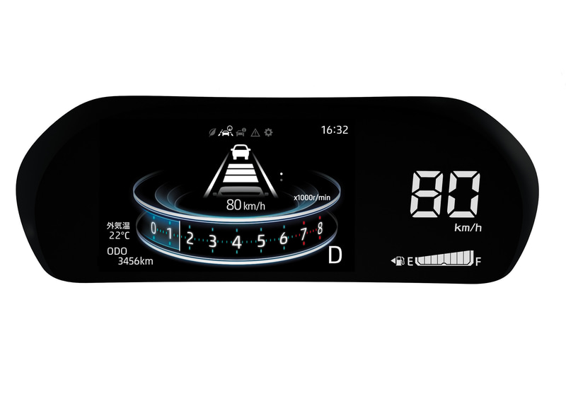 LEDデジタルスピードメーターと7インチTFTカラー液晶ディスプレイをシームレスに表示。「先進」「ワクワク」「シンプル」「アナログ」の4つのパターンから表示を選択可能