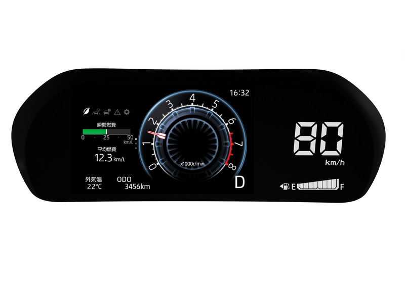 LEDデジタルスピードメーターと7インチTFTカラー液晶ディスプレイをシームレスに表示。「先進」「ワクワク」「シンプル」「アナログ」の4つのパターンから表示を選択可能