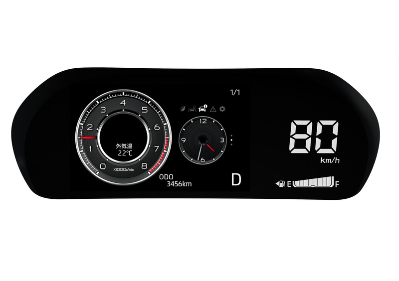 LEDデジタルスピードメーターと7インチTFTカラー液晶ディスプレイをシームレスに表示。「先進」「ワクワク」「シンプル」「アナログ」の4つのパターンから表示を選択可能
