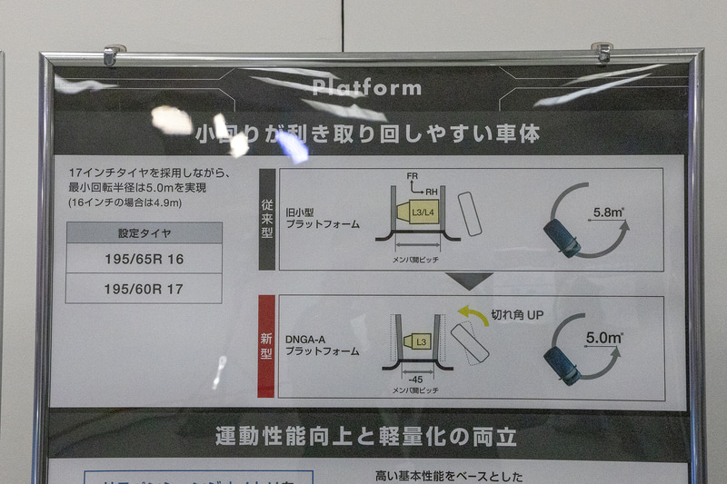 ロッキー/ライズは幅の狭い3気筒 1.0リッターターボエンジンを搭載しているので、そのぶんエンジンメンバーの幅を狭めることができる。すると、フロントタイヤ側のタイヤハウスを広くでき、それによりタイヤの切れ角を多く取ることができるので、17インチの195/60という外径が大きなタイヤを履きながらも、最小回転半径5.0mという数値を実現できた。16インチ仕様の最小回転半径4.9mとさらに小まわりが効く
