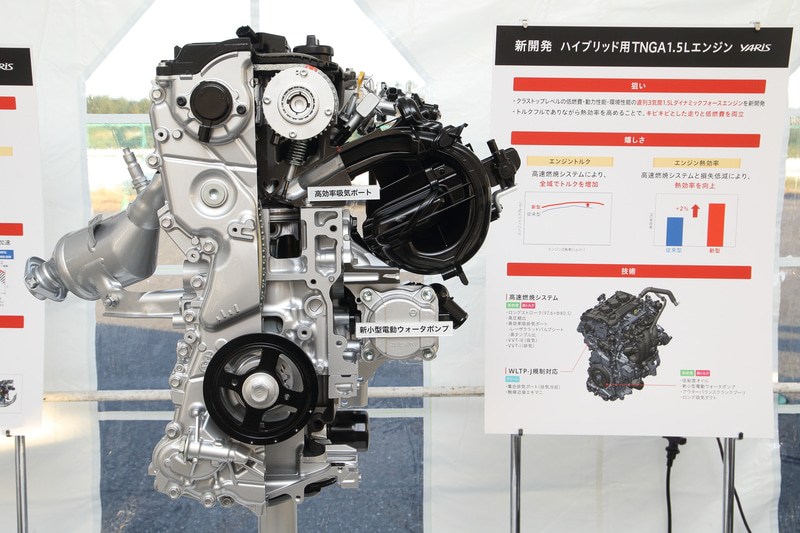 ハイブリッドモデルはエンジンをM15A型に変更。ハイブリッドシステム専用のエンジン設計が行なわれたほか、高出力・高効率モーターを搭載したトランスアクスルの採用など、すべてを新開発したというリダクション機構付のTHS IIと組み合わせる