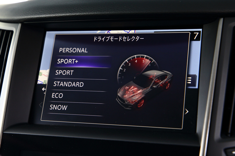 400Rのドライブモードセレクター画面。「SPORT＋」「SPORT」「STANDARD」「ECO」「SNOW」とともに、任意の設定が選べる「PERSONAL」から選択可能