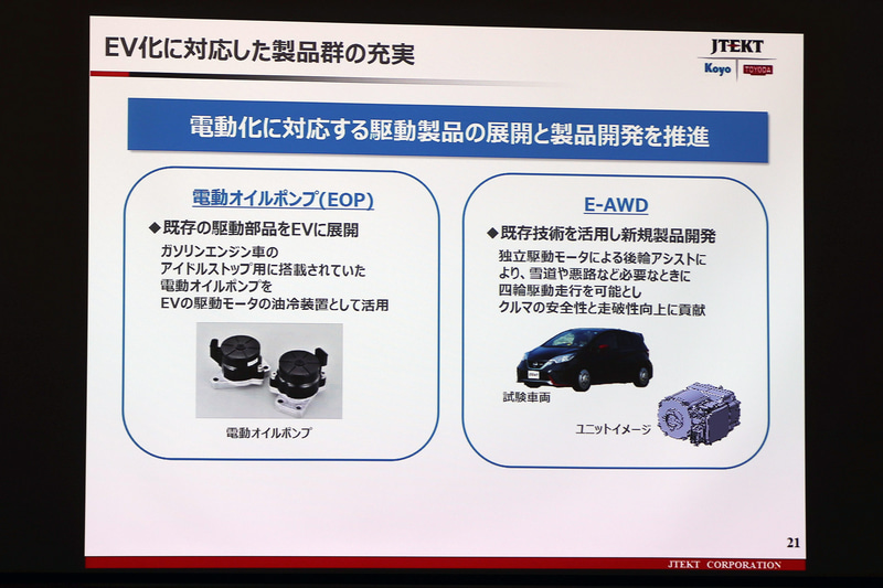 既存の製品や技術をEVに応用する事例として紹介された電動ポンプとE-AWD