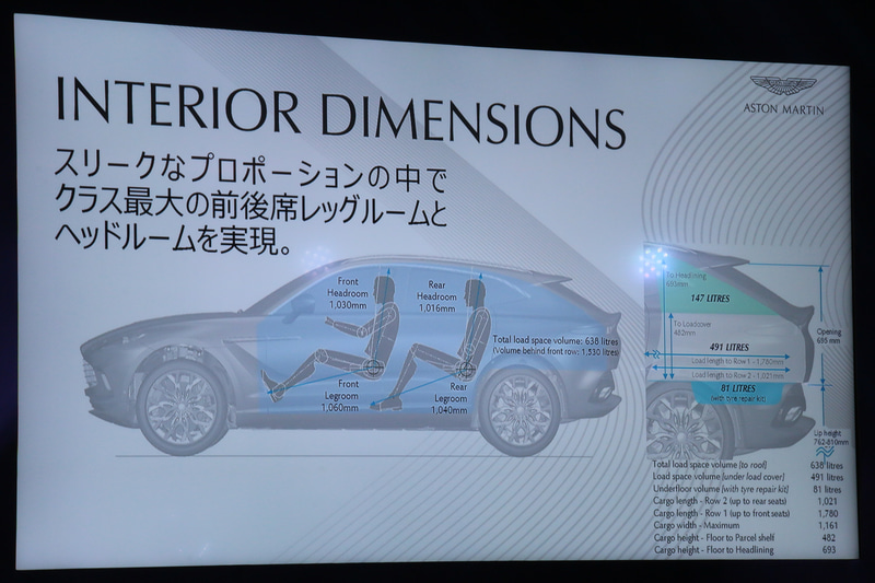 室内空間の各数値。高い走行性能をキープするため全高はできる限り抑えているが、一方で“クラス最大”という前後席のレッグスペース、後席ヘッドスペースを実現している