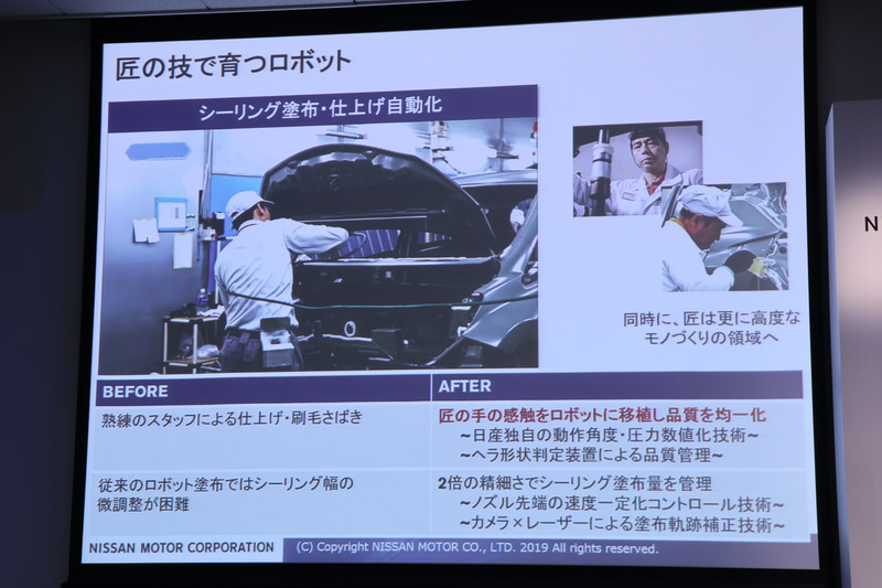 「シーリング塗布・仕上げ自動化」を紹介するスライドと展示パネル