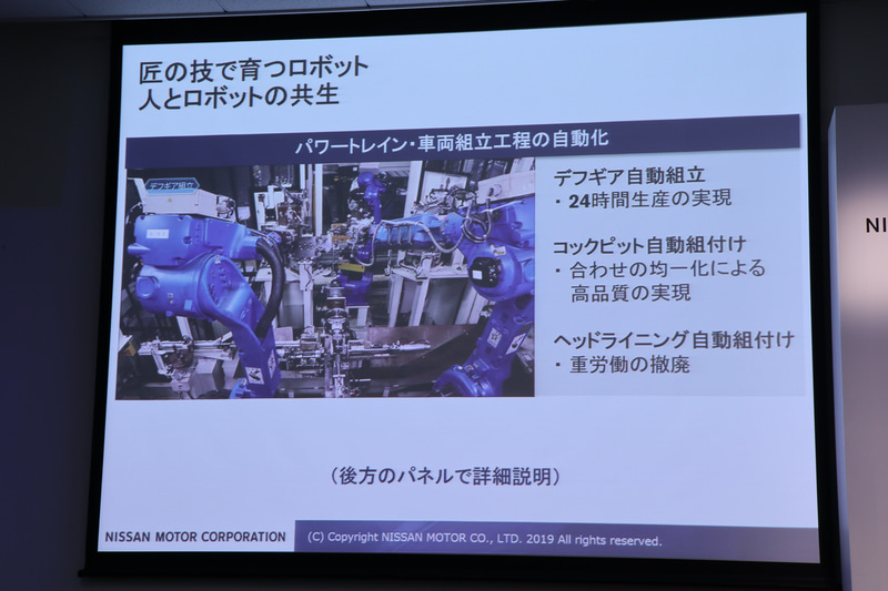 「デフギア自動組み立て」を紹介するスライドと展示パネル