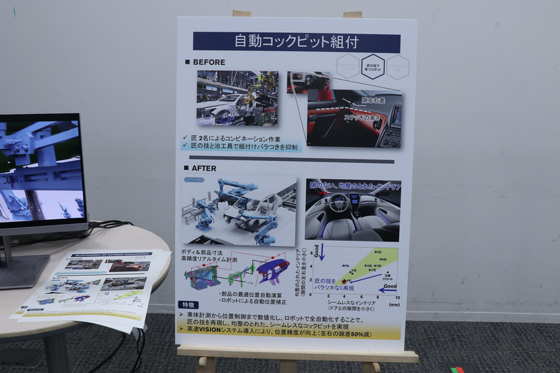「コックピット自動組付」を紹介するスライドと展示パネル