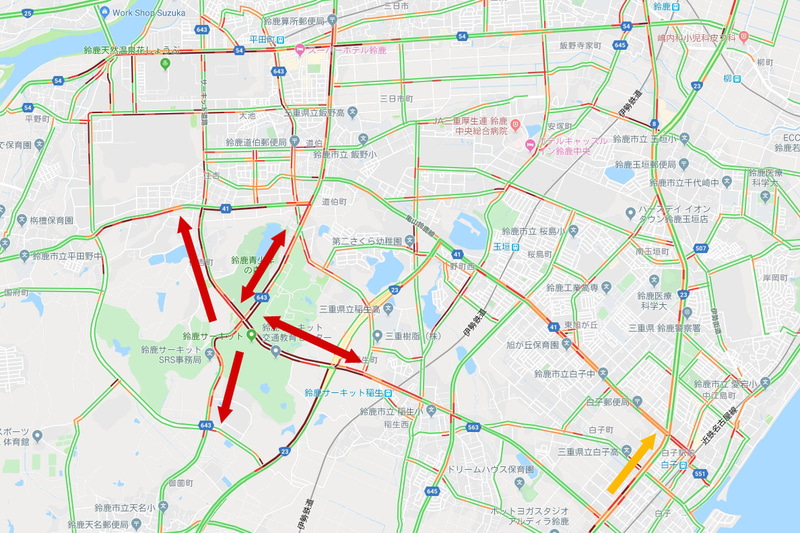 18時ごろのサーキット周辺の渋滞の様子