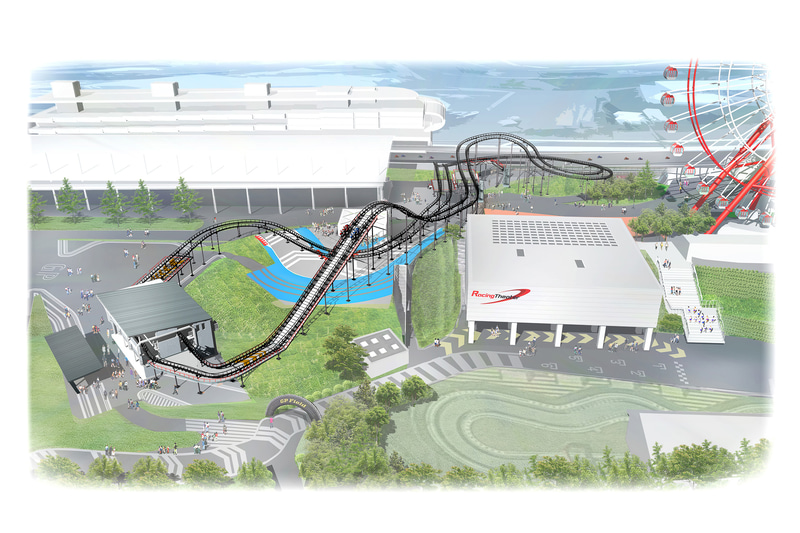 ジーピー レーサーズのコース俯瞰図。コースは全長約440mで乗車時間は約90秒。2本のコースが並走する独特のレイアウトとなっている