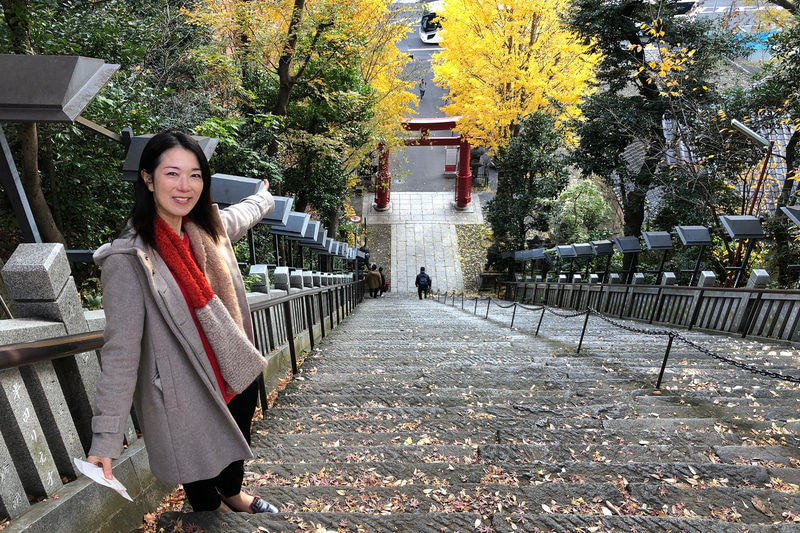どうですか、この急な坂！　これが愛宕神社の名所、「出世の石段」でございます。故事では、徳川幕府の三代将軍・家光公の時代に、ここを馬に乗ったまま上り下りした曲垣平九郎（まがき・へいくろう）さんが、家光公に「日本一の馬術の名人」と讃えられ、1日にして全国に名を轟かせたことから、出世の石段と呼ばれるようになったのだそう。歩いて上るのも勇気がいるというのに、確かにすごいですよね。日ごろの鍛錬とチャレンジ精神の両方が備わってこそ、出世の道も開けるものなのでしょうか