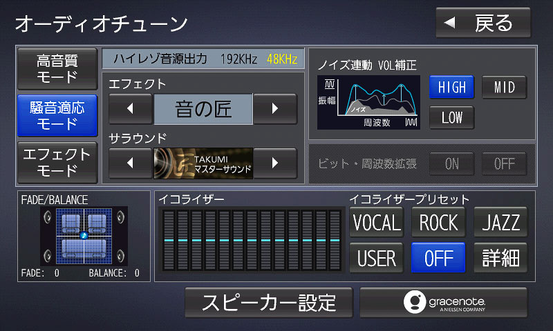 「騒音適応モード」で「TAKUMI」「KIWAMI」「NAGOMI」にそれぞれ切り替えたところ。画面右側に見える「ノイズ連動 VOL補正」では、ノイズ低減の程度を3段階から選ぶこともできる