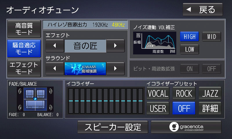 「騒音適応モード」で「TAKUMI」「KIWAMI」「NAGOMI」にそれぞれ切り替えたところ。画面右側に見える「ノイズ連動 VOL補正」では、ノイズ低減の程度を3段階から選ぶこともできる
