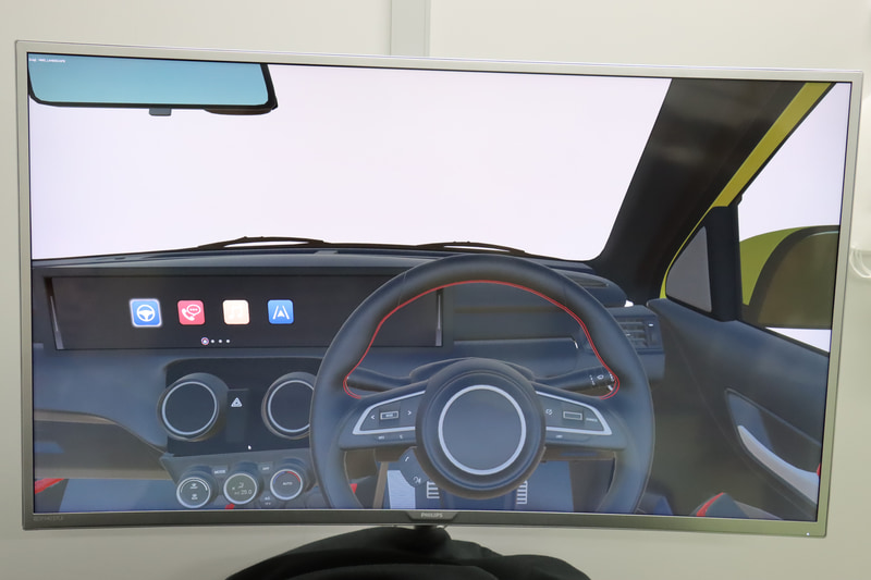 多彩なインパネデザインを切り替え、ステアリングによる死角などを確認できる