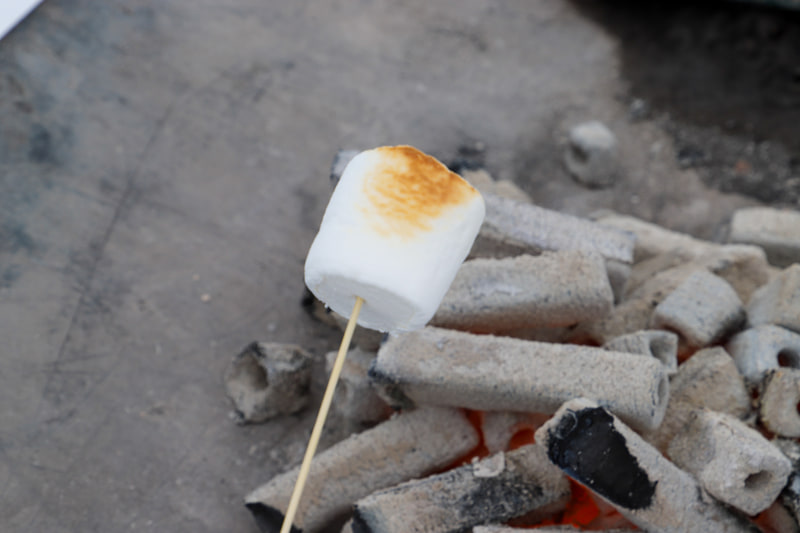 巨大な棒付きマシュマロも売っていたので、外の焚き火でマシュマロを焼く