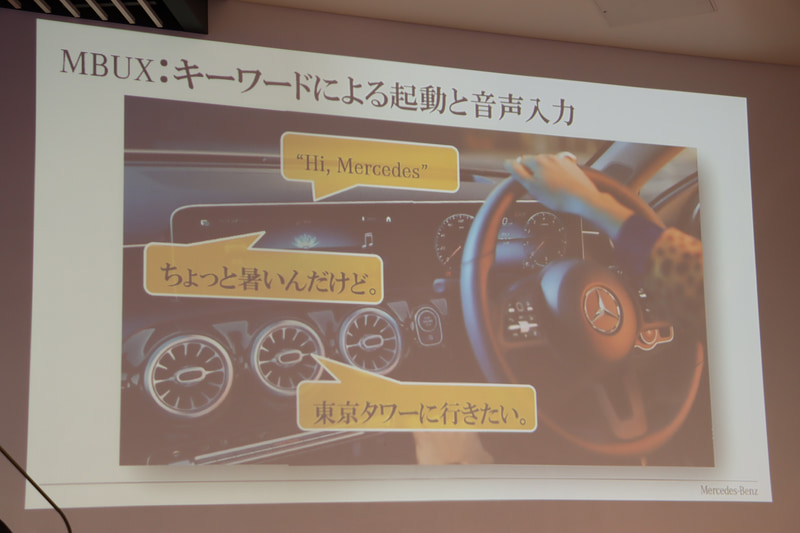 「ハイ、メルセデス」のウェイクワードに続けて話しかけるような操作で、エアコン設定やカーナビの目的地設定が行なえる「MBUX（メルセデス・ベンツ ユーザー エクスペリエンス）」。すでに販売モデルの約3割で搭載され、年内に7割まで拡大する計画