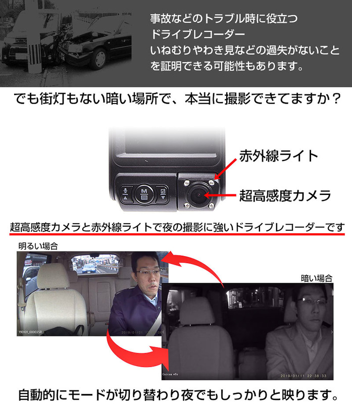 車内の様子も撮影できる2カメラドラレコの長所を、超高感度カメラと赤外線ライトでさらに強化。動画の記録解像度は前後フルHD（1920×1080）