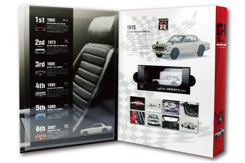 GT-Rが2019年に50周年を迎えたことを記念して、初代から最新型までの各世代から厳選した写真で構成したフレーム切手と、初代GT-Rのミニカー、特製ボックスの3点をセットにしたアニバーサリー商品