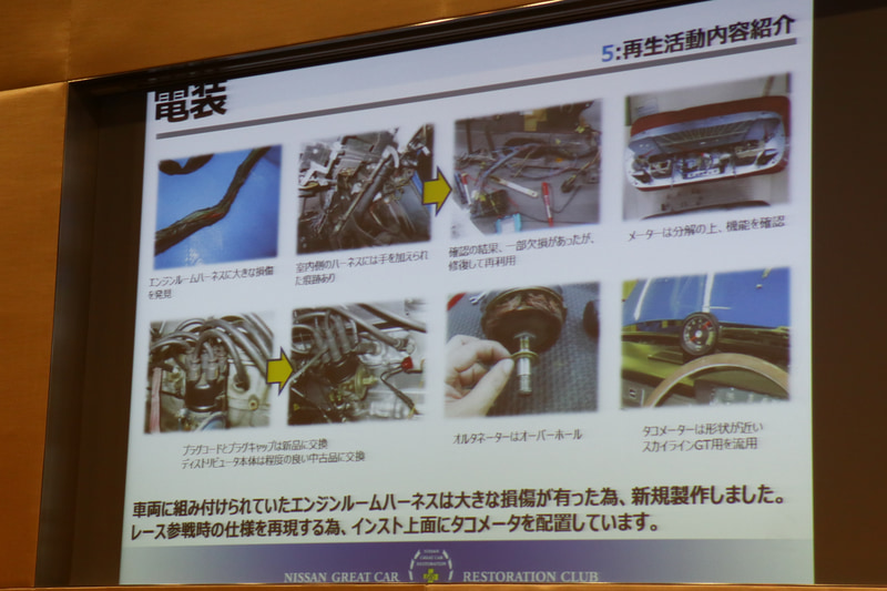 ハーネスは損傷があったため再作成したほか、デスビやオルタネータなどすべてに渡って整備した。タコメーターはグロリア用ではなく、当時の写真から形状が近いスカイライン GT用を装着した