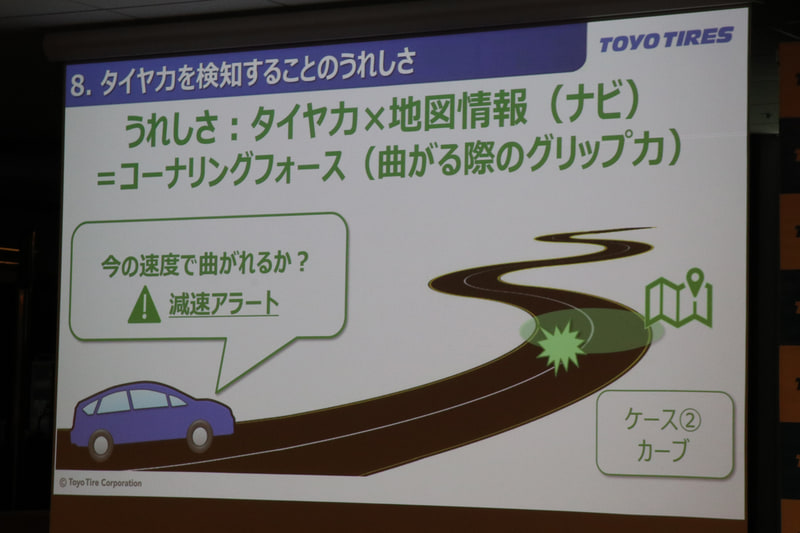 タイヤ力が明示されることで、万が一の衝突回避に必要な制動距離、次のコーナーを安全に曲がるために必要な減速量、目的地まで安全にたどり着けるか、トラブル発生時の原因など、多彩な新サービスで利用可能になると想定されている