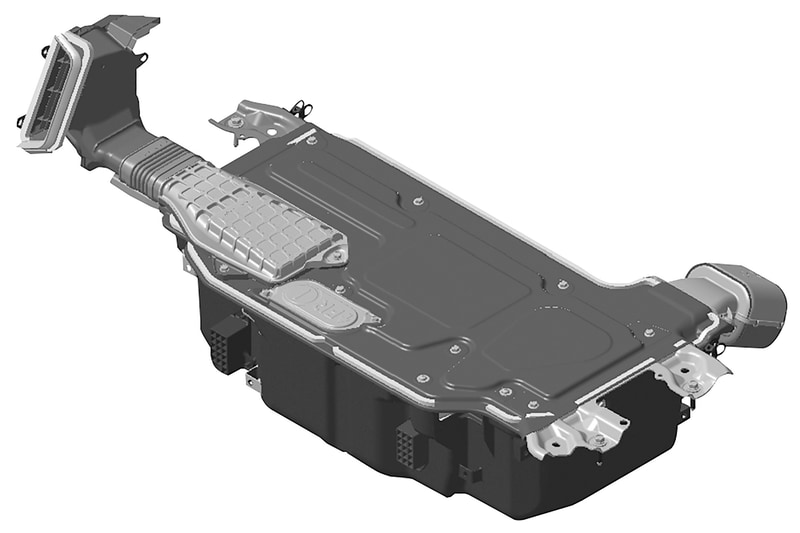 リアタイヤの間にレイアウトされるIPU。新型リチウムイオンバッテリーの採用などによって重量あたりの出力密度を2倍以上に高めている