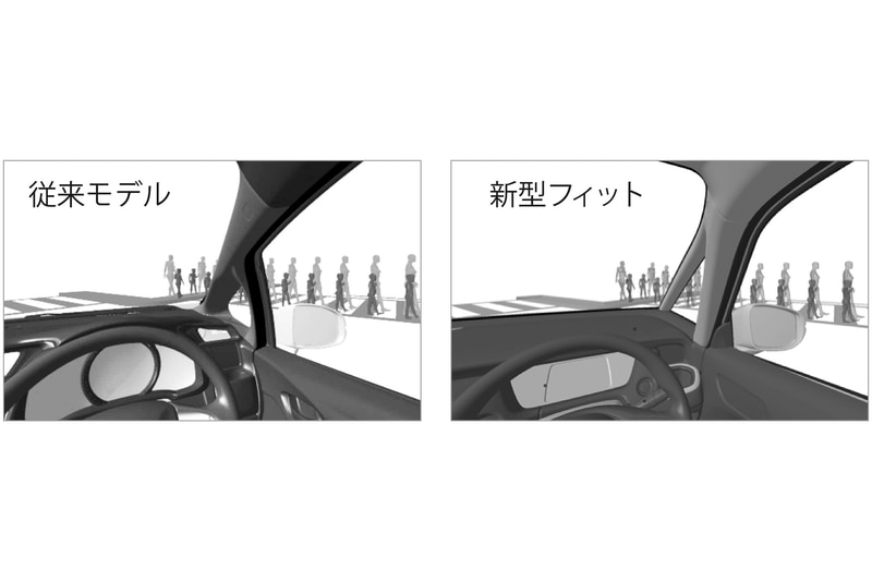 Aピラーを閉断面レスピラー構造化し、メインロードパスを三角窓後方側に変更するなどの改良によって極細化。右左折時などの視認性を高めている
