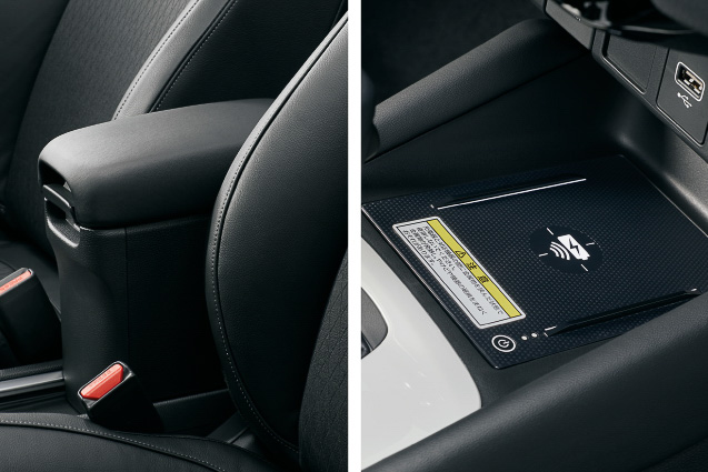 LUXE専用のメーカーオプション「アームレスト付センターコンソールボックス＋ワイヤレス充電」。シフトセレクター前方のワイヤレス充電器は、ホンダ初となる15W急速充電に対応