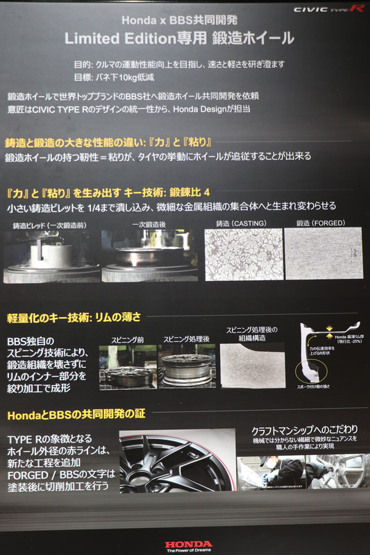 BBSでは鋳造アルミビレットを4分の1以上にまで押しつぶす鍛錬成型比（原断面積と成形後の断面積の比）4以上を基準としていて、これは最大9000tという大型プレス機を持つBBSならではの技術。これにより軽量でありながら強固で粘りのあるホイールとなる。完成までには約1年が費やされた