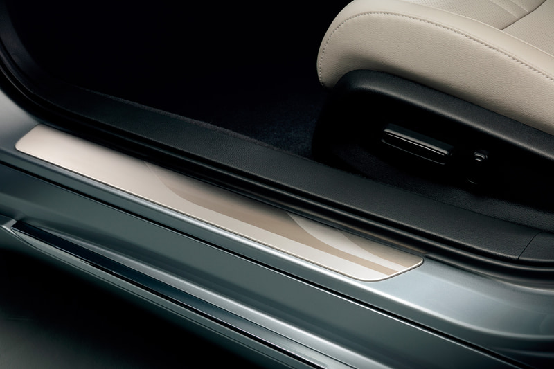 ドアシルを傷から守るステンレス製の「ドアシルガーニッシュ」。フロント/リア用左右4枚セットで1万7600円