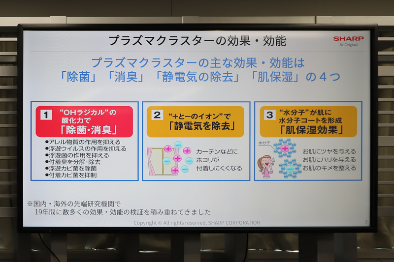プラズマクラスターには除菌、消臭、静電気の除去、肌の保湿という大きく分けて4つの効果がある