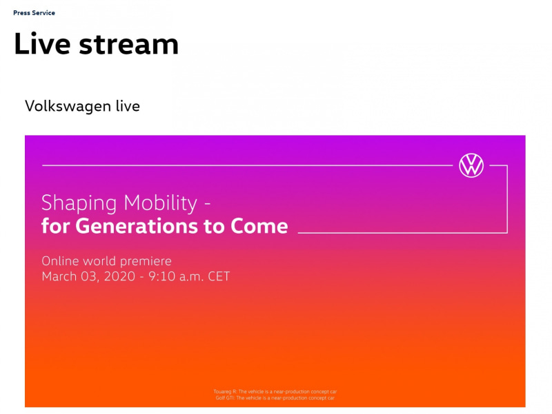 予告が表示されているフォルクスワーゲンのライブストリームページ