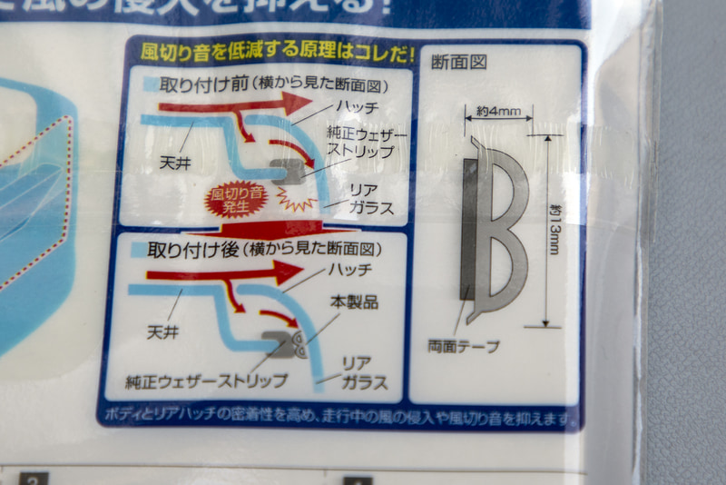 静音計画の風切り音防止テープにはドア用もあるが、サイズを調べるとドア用は高さが5mm、リアハッチ用は4mmという違いがあった。今回は少しのズレでハッキリした変化があっただけに、サイズを欲張ってもいいことがないと感じて4mmを選択