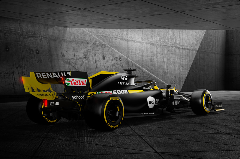 ブラックとイエローを基調としたルノーの新型F1マシン「R.S.20」。フロントとリアのウイングにDP WORLDのロゴが描かれている