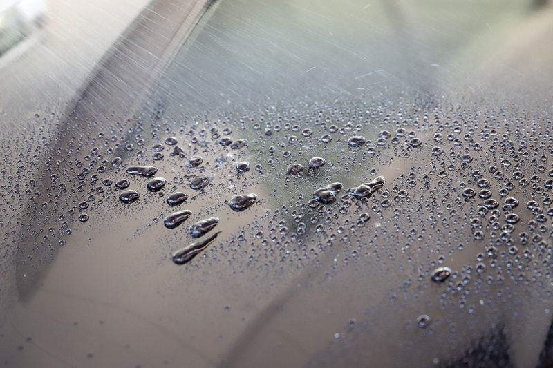 水はじきもご覧のとおり。ボディの上にキレイな水玉がたくさんできて、しっかりと水をはじいている。雨の日に走行すると、水滴がほとんど残らなさそう