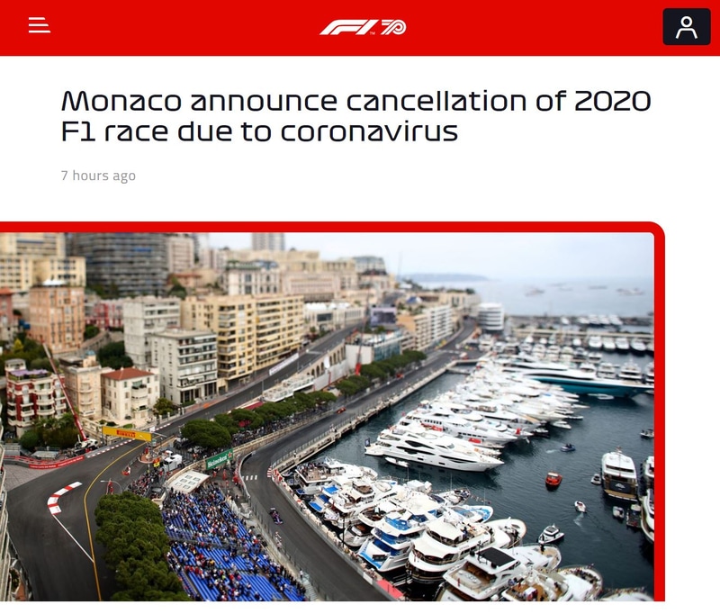 モナコGPの中止を伝えるF1公式Webサイト
