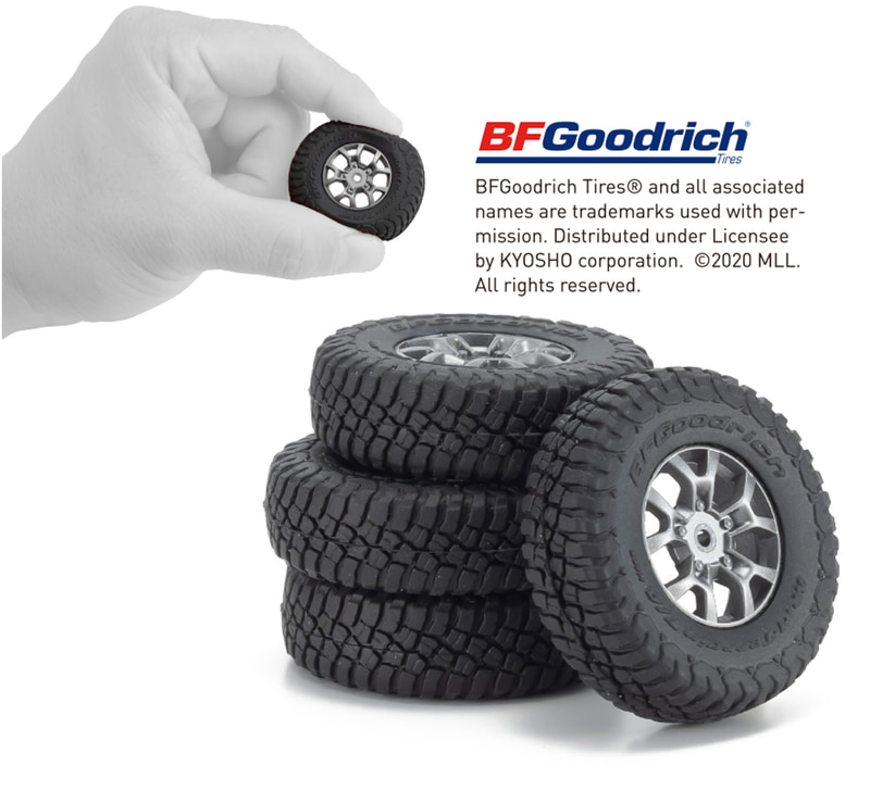 BFGoodrichの「Mud-Terrain TA KM3」を再現し、大径ホイールデザインとガンメタリックアルミカラーを表現。ボディやシャシーが実車ライクなミニッツ4×4のスケール感の高さを際立たせている
