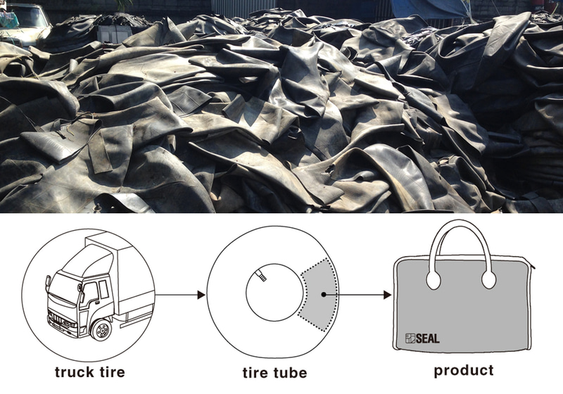 トラックのタイヤなどの中に使用していたチューブを素材として利用する
