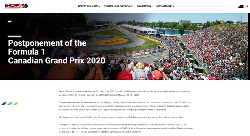 開催延期を伝えるカナダグランプリの公式サイト