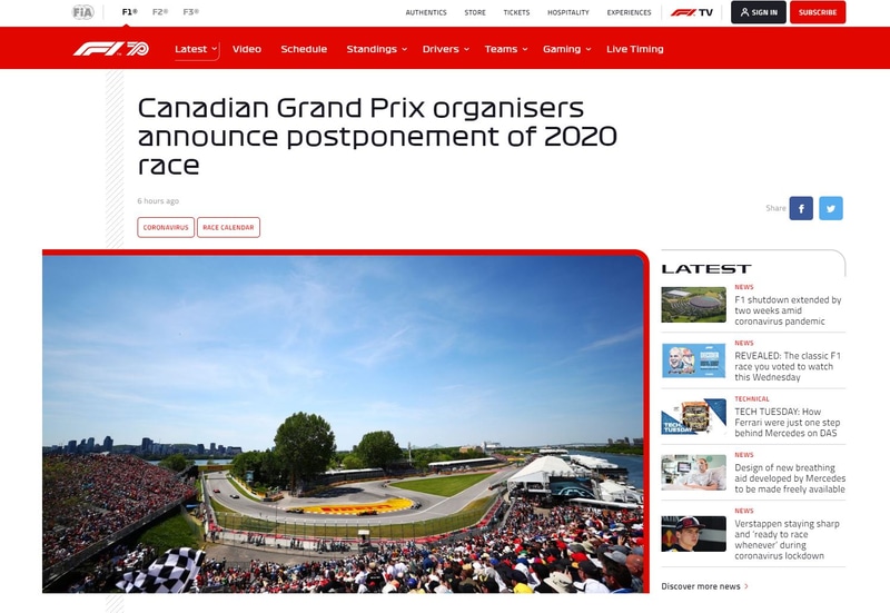 F1カナダグランプリ2020の開催延期を伝えるF1公式サイト