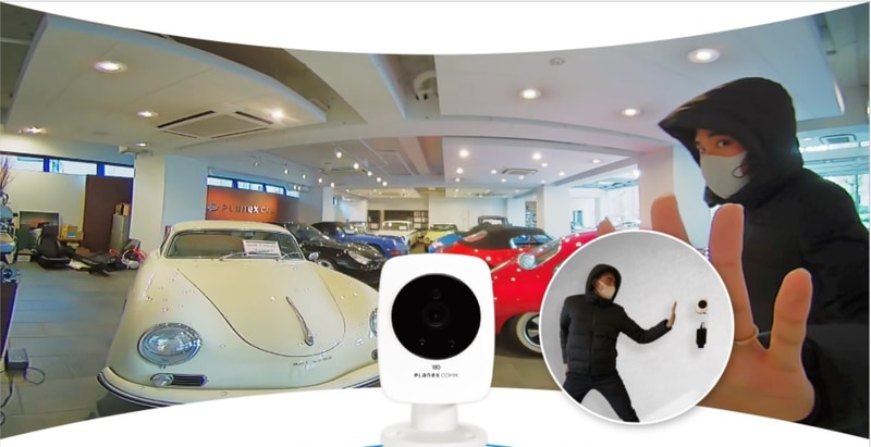 ガレージや自宅、オフィス、店舗など、あらゆる防犯に有効。対角方向・水平方向の画角180度を実現。超広角なパノラマ映像の撮影が可能