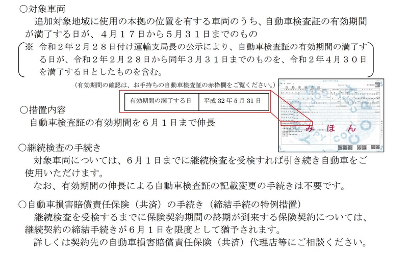 緊急事態宣言の対象地域が全国に拡大されたことにより追加の対象地域で自動車検査証の有効期間を6月1日まで伸長される