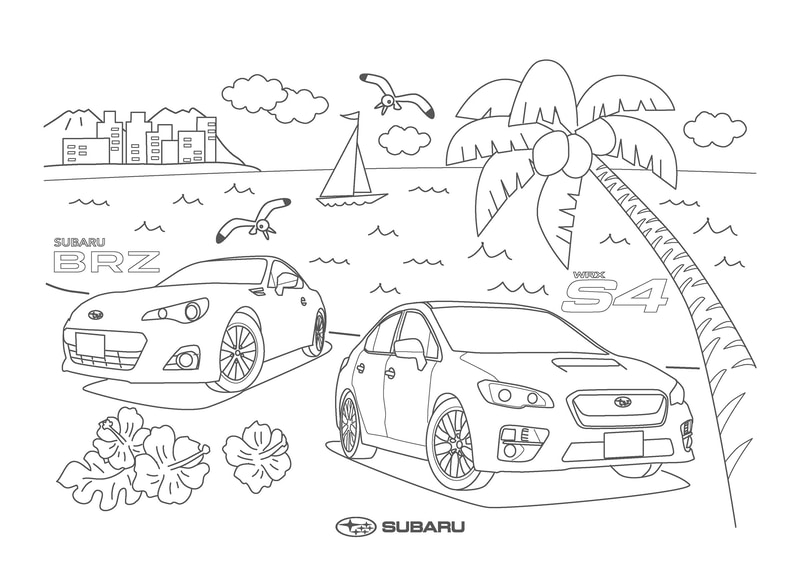 「BRZ」「WRX S4」「インプレッサ SPORT」「XV」といったモデルが描かれた塗り絵