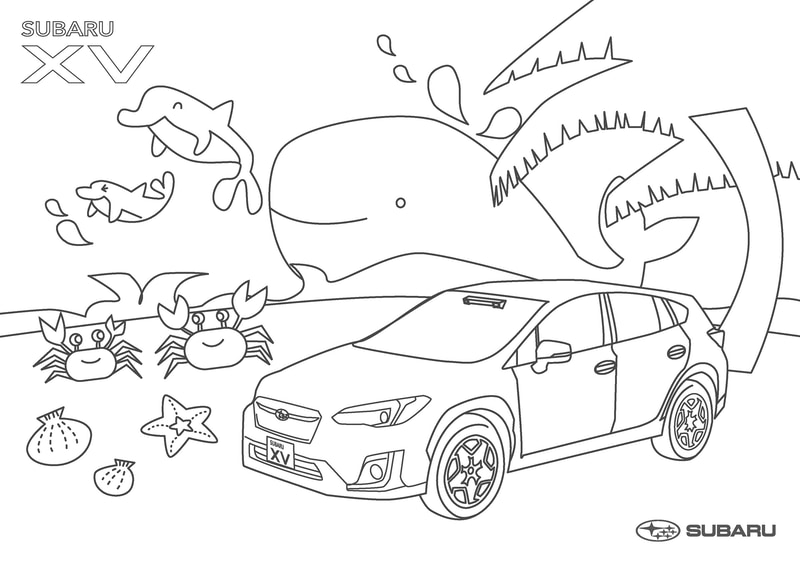 「BRZ」「WRX S4」「インプレッサ SPORT」「XV」といったモデルが描かれた塗り絵