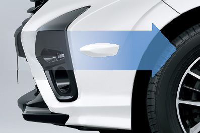 「エアロフィン」はフロントエアロバンパーサイド（左右）に設定。クルマを旋回姿勢へスムーズに移行させるとともに、ホイールハウスから発生する気流の乱れを抑制することで、しなやかで上質な旋回を実現