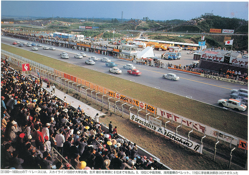 1964年、第2回日本グランプリ自動車レース、T-Vクラス。ピットビルがない時代はグランドスタンドから東コースが一望できた