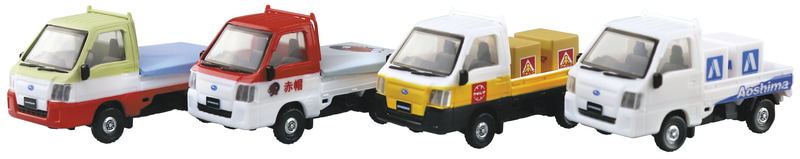 左から、三色サンバー シート付、赤帽サンバー シート付、Aoshimaサンバー ダンボール付、旧ロゴアオシマサンバー ダンボール付