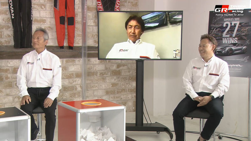 第1部「スープラ伝説の原点～GTドライバーが語る最強DNAの秘密」のゲストとして登場した、関谷正徳氏（左）、竹内浩典氏（リモート参加）、黒澤琢弥氏（右）