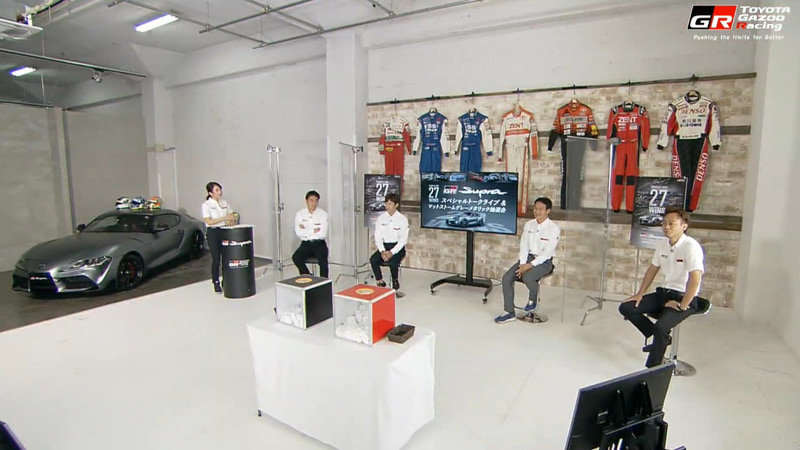 第2部「スープラ伝説をつくったライバルたち」に登場したゲスト。左から、MCの今井優杏さん、高木虎之介氏、立川祐路氏、飯田章氏、脇阪寿一氏