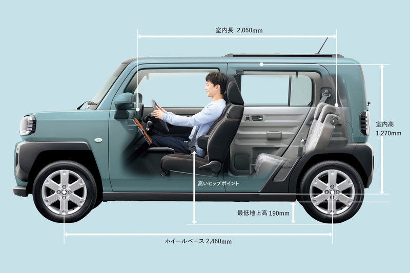 広いガラスエリアに加え、高めのヒップポイントとすることで視界を確保