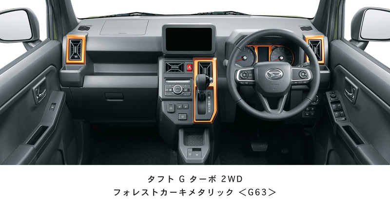 タフト G ターボのインパネまわり。ドライバーが操作しやすいようスイッチ類がレイアウトされている。形状は全車同じで加飾パーツなどに違いがある